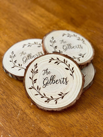 Custom Text Engraved Wood Coaster Set.