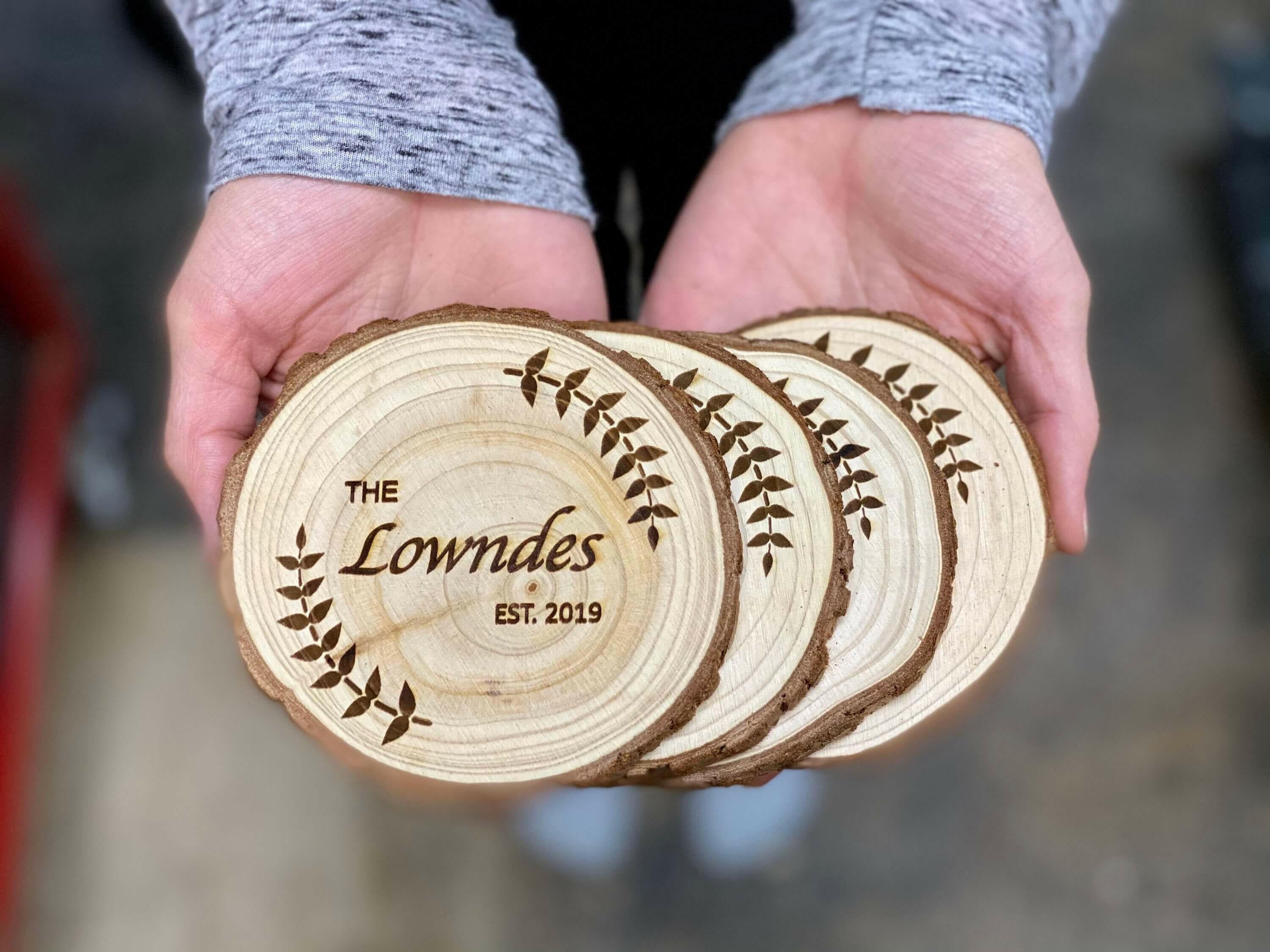 Custom Wood Slice Wedding Favors.