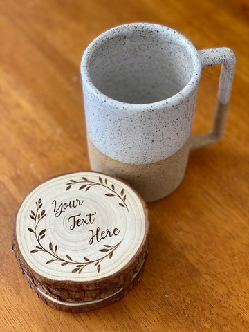 Custom Text Engraved Wood Coaster Set.