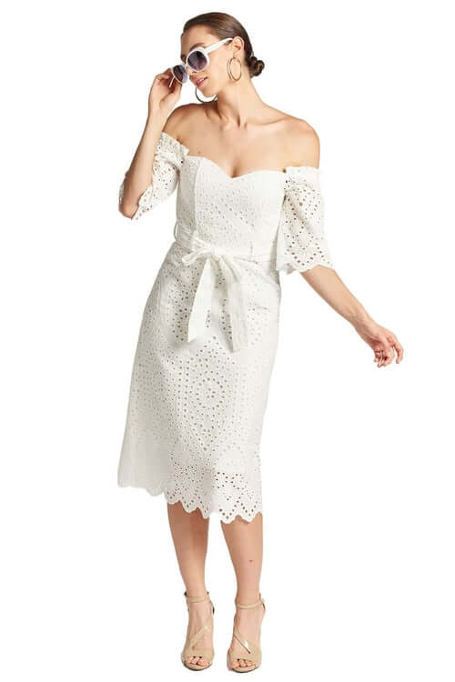 Jasmine Dress - Off the shoulder a-line midi eyelet dress