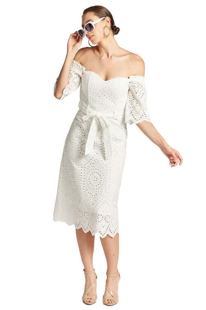 Jasmine Dress - Off the shoulder a-line midi eyelet dress