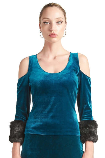 Mia Top - Velvet 3/4 sleeve top with cut-out shoulders &amp; contrast faux