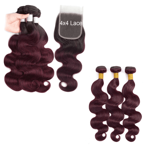 10A Grade #99J  Body Wave #1B/99j BUNDLES with 4x4 CLOSURES & 13x4 FRO.