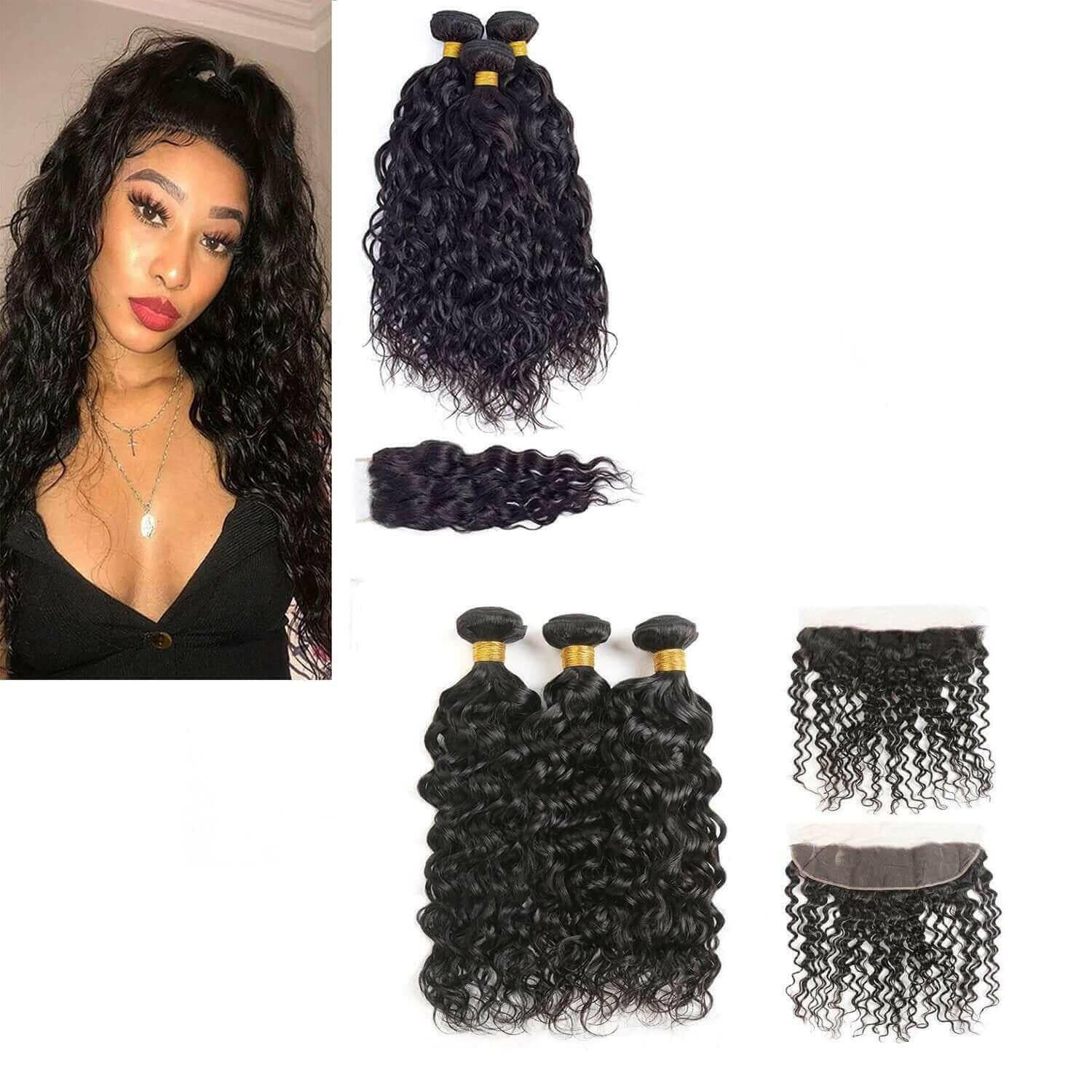 10A Grade 3/4 Water Wave Human Hair bundles with 4x4 Closures &amp; 13x4