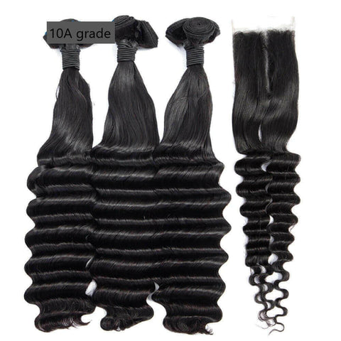 Brazilian 3/4 Fancy Deep Wavy Fumi Human Hair bundles with 4x4 Closure.