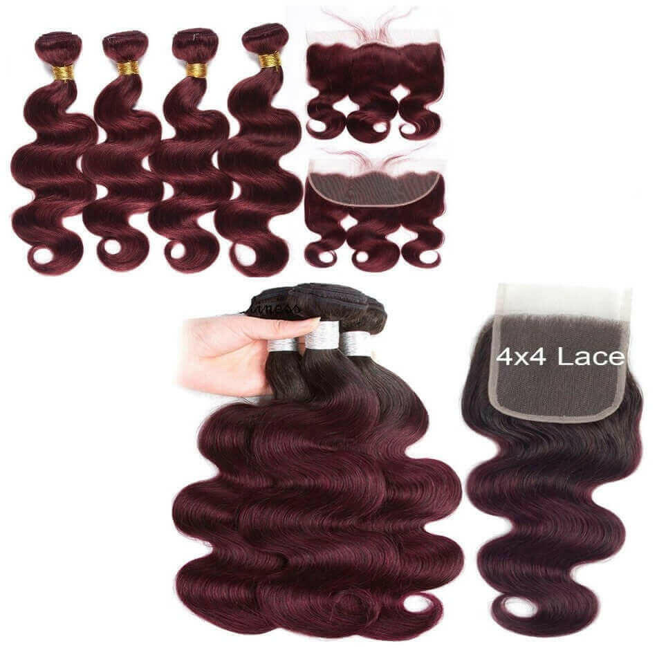 10A Grade #99J  Body Wave #1B/99j BUNDLES with 4x4 CLOSURES & 13x4 FRO.