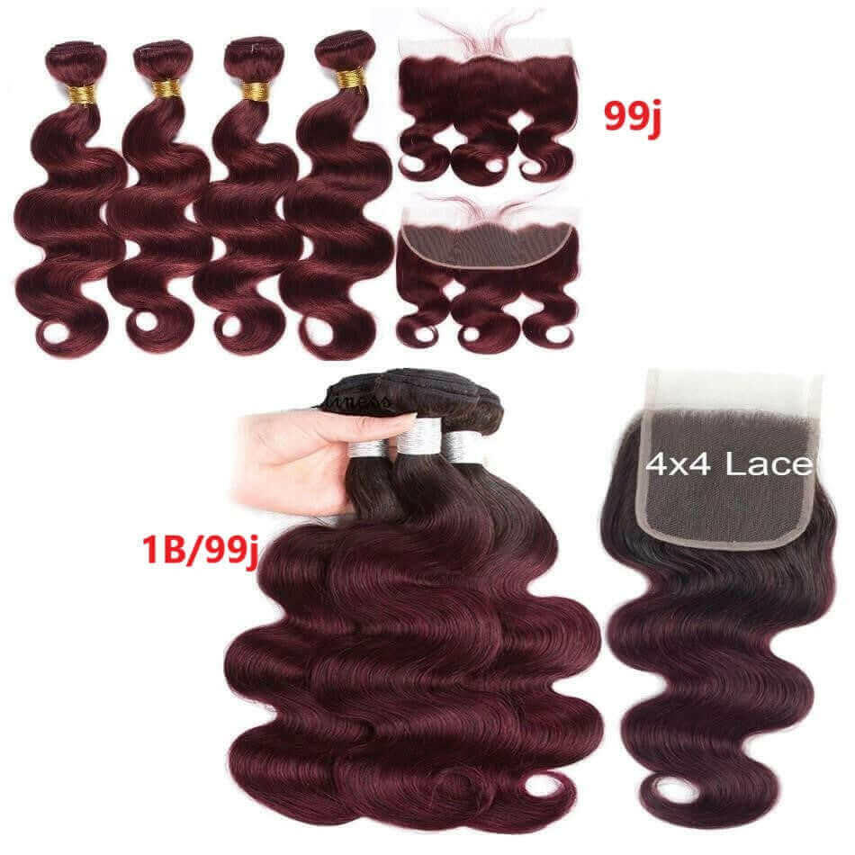 10A Grade #99J  Body Wave #1B/99j BUNDLES with 4x4 CLOSURES & 13x4 FRO.