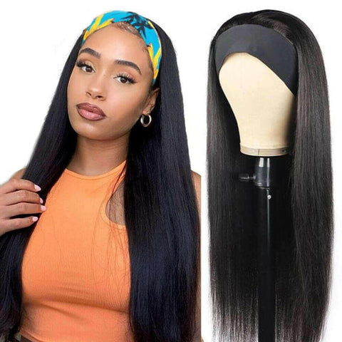 Headband Wig Straight Human Hair Scarf Wig No GLUE Easy Wear for Women.