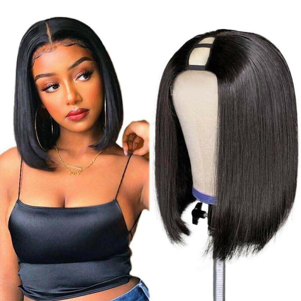 Short Bob U Part Wig Human Hair Straight Brazilian Remy Glueless Wigs.