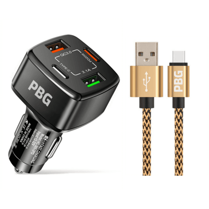 PBG Black PD 4-Port Fast Car Charger with 10FT Zebra Style Wire iPhone.