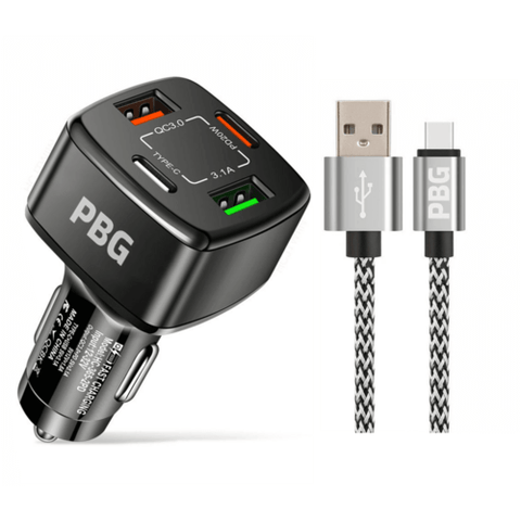 PBG Black PD 4-Port Fast Car Charger with 10FT Zebra Style Wire iPhone.