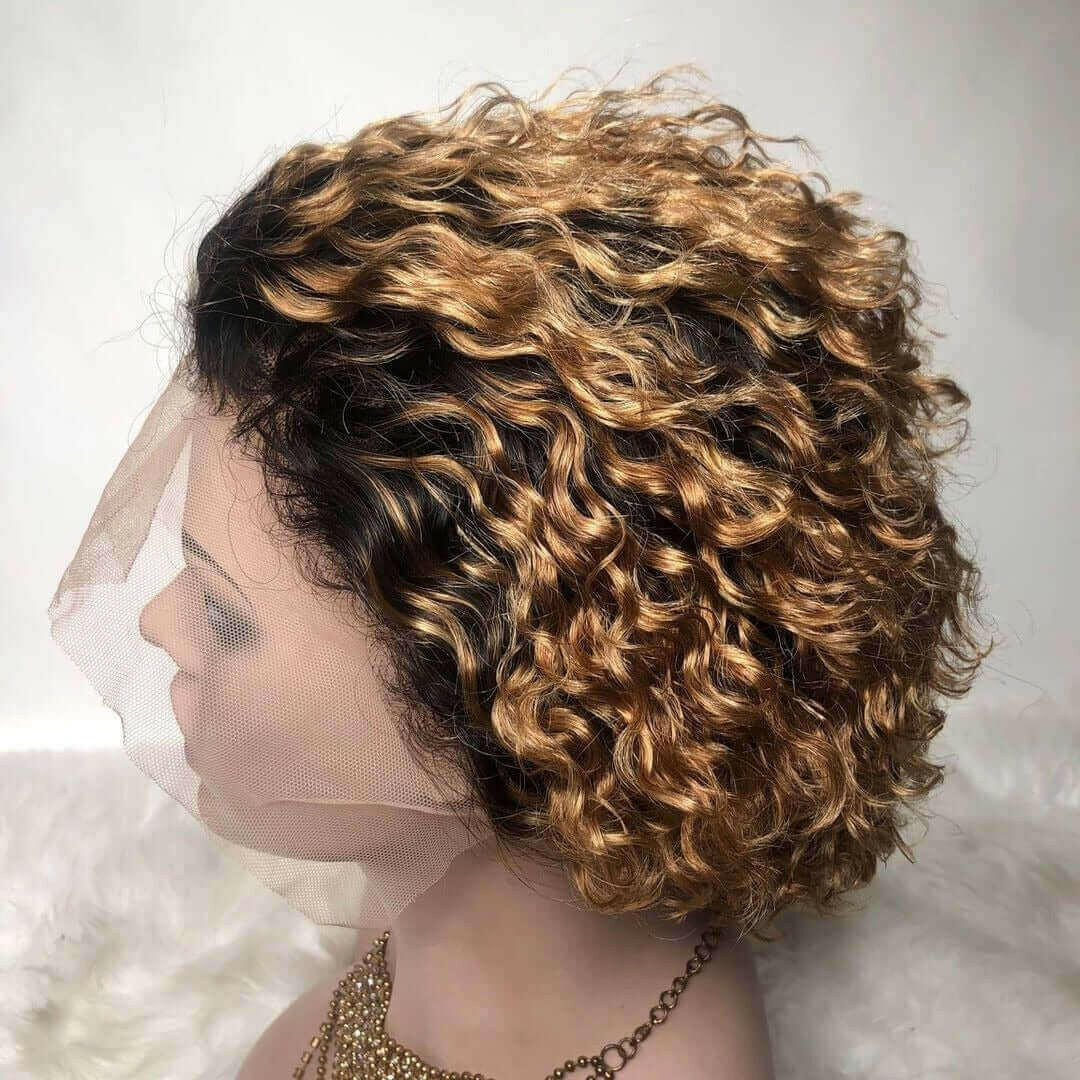 Ombre Short Pixie Cut 13x4x1 T Lace Front Curly Human Hair Wigs 8 Inch.