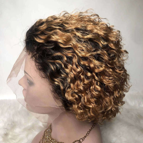 Ombre Short Pixie Cut 13x4x1 T Lace Front Curly Human Hair Wigs 8 Inch