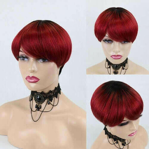 6inch #Burg Pixie Short Cut 100% Straight Human Hair Wig with Bangs Br.