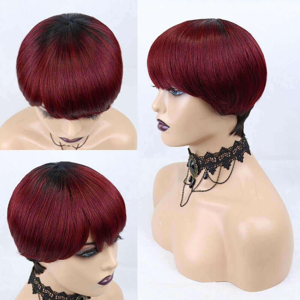 6inch #Burg Pixie Short Cut 100% Straight Human Hair Wig with Bangs Br.