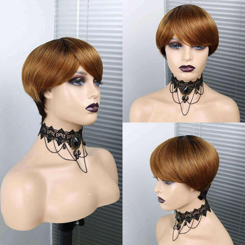 6inch #Burg Pixie Short Cut 100% Straight Human Hair Wig with Bangs Br.