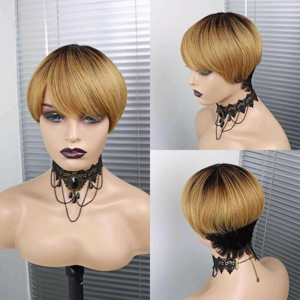 6inch #Burg Pixie Short Cut 100% Straight Human Hair Wig with Bangs Br.