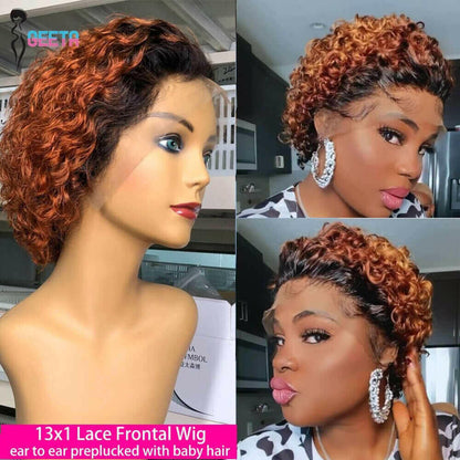 Ombre Short Pixie Cut 13x4x1 T Lace Front Curly Human Hair Wigs 8 Inch.