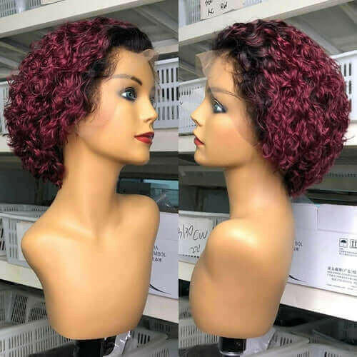 Ombre Short Pixie Cut 13x4x1 T Lace Front Curly Human Hair Wigs 8 Inch.