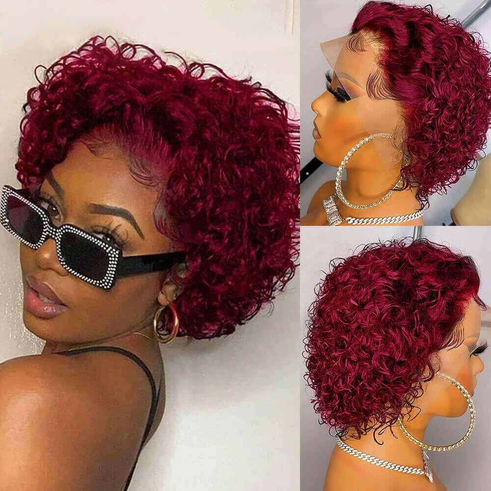 Ombre Short Pixie Cut 13x4x1 T Lace Front Curly Human Hair Wigs 8 Inch.