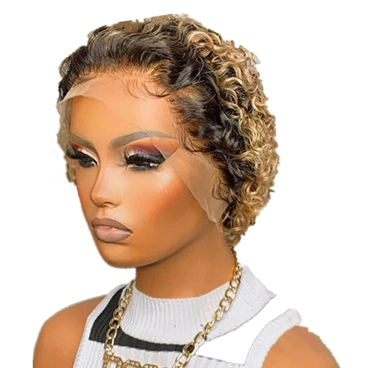 Ombre Short Pixie Cut 13x4x1 T Lace Front Curly Human Hair Wigs 8 Inch.