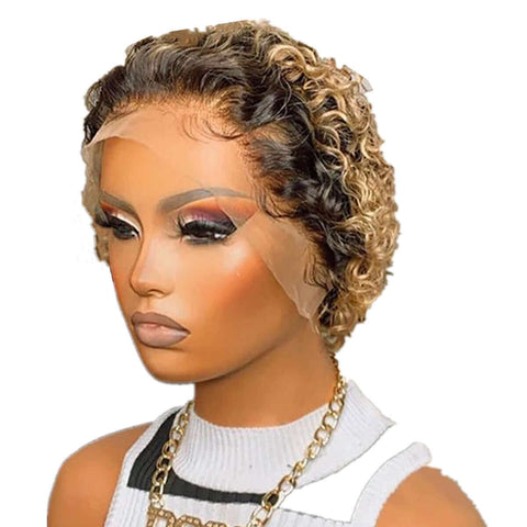 Ombre Short Pixie Cut 13x4x1 T Lace Front Curly Human Hair Wigs 8 Inch