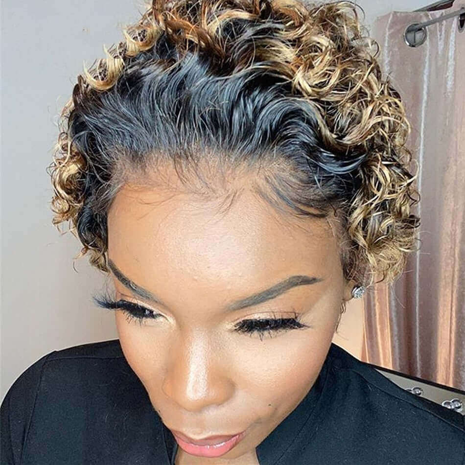 Ombre Short Pixie Cut 13x4x1 T Lace Front Curly Human Hair Wigs 8 Inch