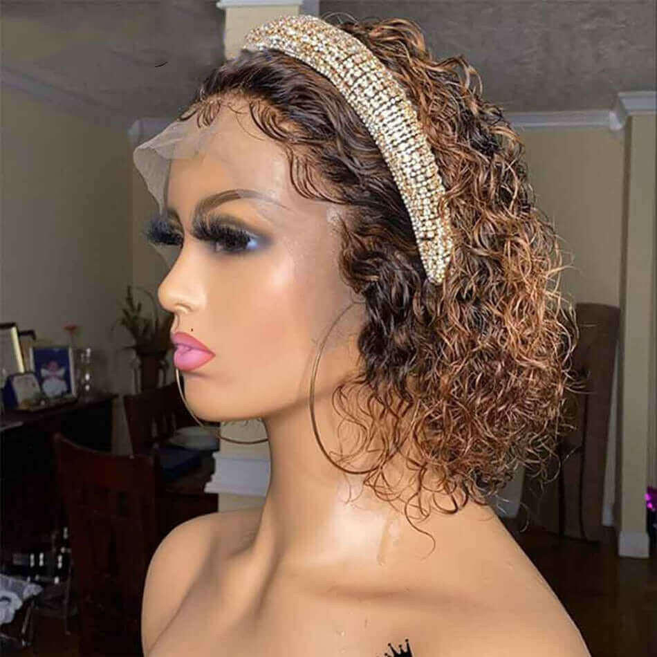 Ombre Short Pixie Cut 13x4x1 T Lace Front Curly Human Hair Wigs 8 Inch.