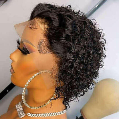 Ombre Short Pixie Cut 13x4x1 T Lace Front Curly Human Hair Wigs 8 Inch.