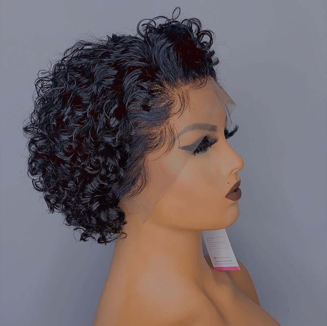 Ombre Short Pixie Cut 13x4x1 T Lace Front Curly Human Hair Wigs 8 Inch