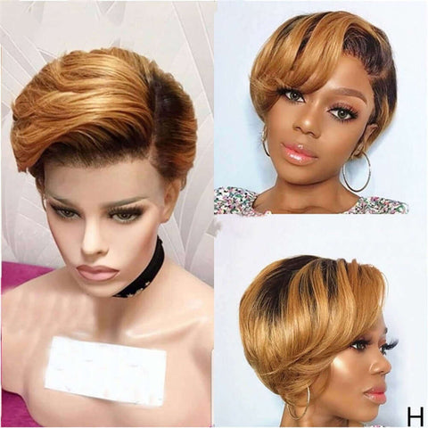 Ombre Short Bob Pixie Cut 13x4x1 T Lace Front Straight Human Hair Wigs