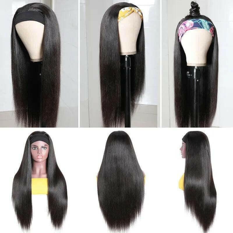 Headband Wig Straight Human Hair Scarf Wig No GLUE Easy Wear for Women.