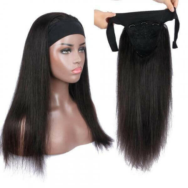 Headband Wig Straight Human Hair Scarf Wig No GLUE Easy Wear for Women.