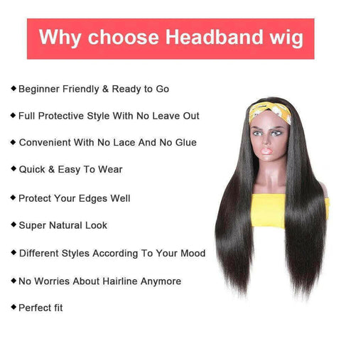 Headband Wig Straight Human Hair Scarf Wig No GLUE Easy Wear for Women.