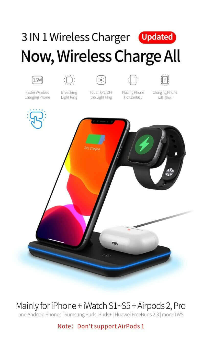 Ninja 15W 3 in 1 Fast Wireless Charging Station for Mobile Phones.