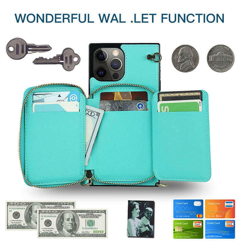 Zipper Wallet Case with Adjustable Crossbody Strap for iphone.