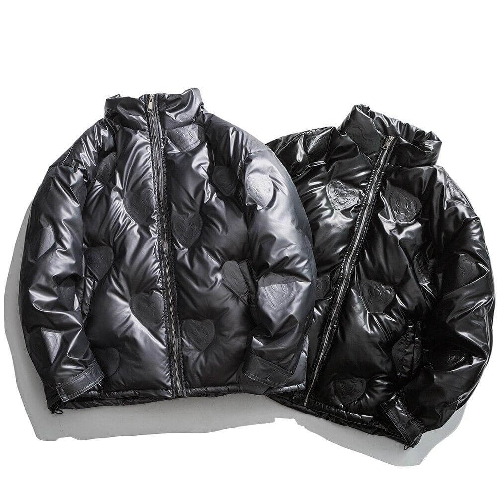 Winter Jacket Men Heart Embossing Solid Color Zipper Black Parkas