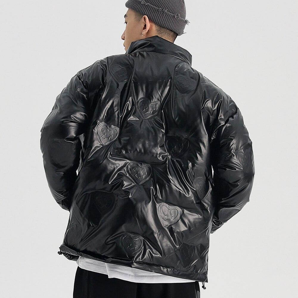 Winter Jacket Men Heart Embossing Solid Color Zipper Black Parkas