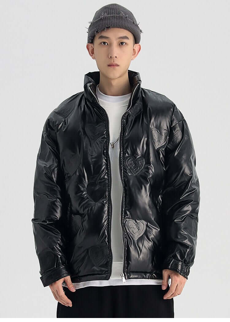 Winter Jacket Men Heart Embossing Solid Color Zipper Black Parkas