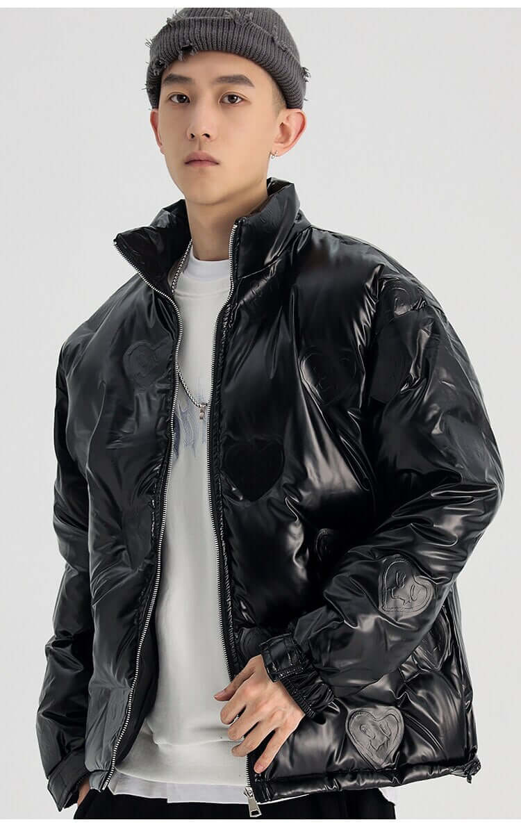 Winter Jacket Men Heart Embossing Solid Color Zipper Black Parkas