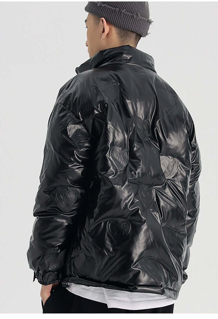 Winter Jacket Men Heart Embossing Solid Color Zipper Black Parkas