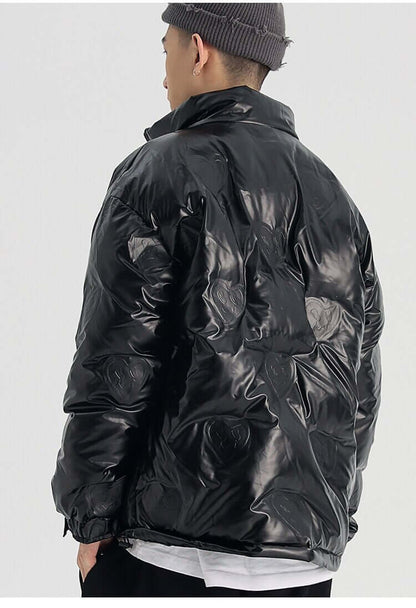 Winter Jacket Men Heart Embossing Solid Color Zipper Black Parkas