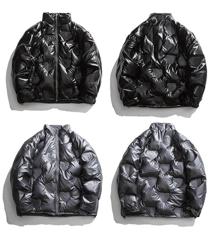 Winter Jacket Men Heart Embossing Solid Color Zipper Black Parkas