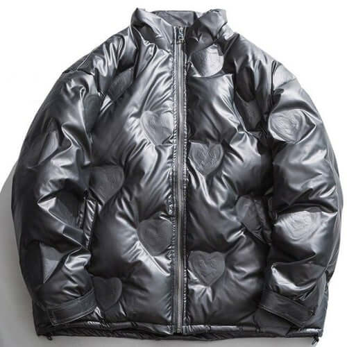 Winter Jacket Men Heart Embossing Solid Color Zipper Black Parkas