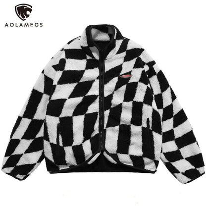 Lambswool Jacket Men Plaid Print Zipper Warm Coats Winter Soft Cozy