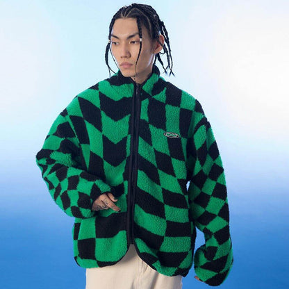 Lambswool Jacket Men Plaid Print Zipper Warm Coats Winter Soft Cozy