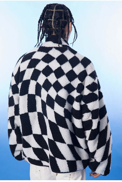 Lambswool Jacket Men Plaid Print Zipper Warm Coats Winter Soft Cozy