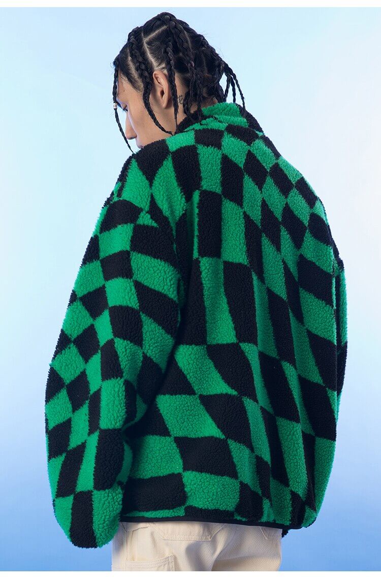 Lambswool Jacket Men Plaid Print Zipper Warm Coats Winter Soft Cozy