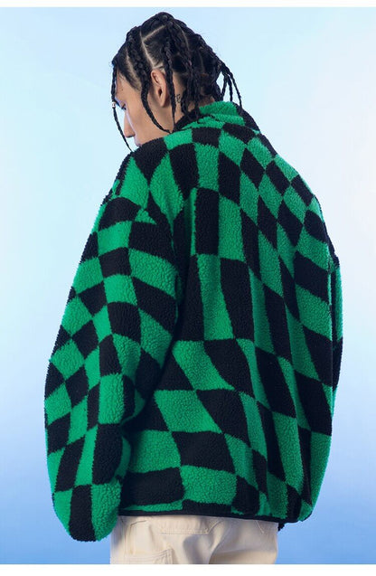 Lambswool Jacket Men Plaid Print Zipper Warm Coats Winter Soft Cozy