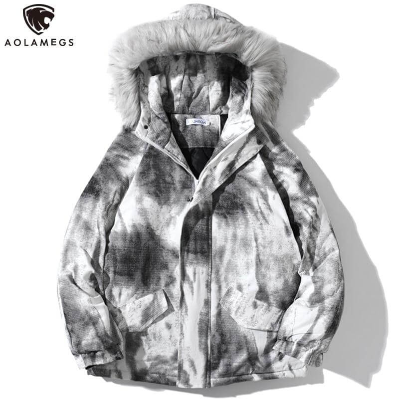 Parkas Winter Jacket Men Distressed Tie Dye Inkjet Printed Padded
